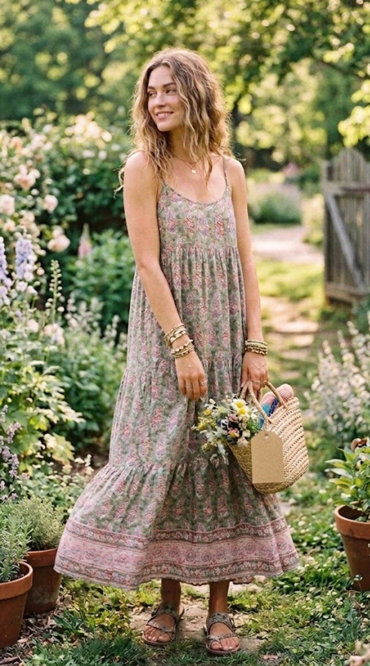 Natural Life Floral Tiered Maxi Dress L Sage Green Boho Tie Strap NWOT